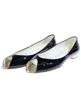 Chanel Open Toe Flat Pumps Sandals Black Patent Silver